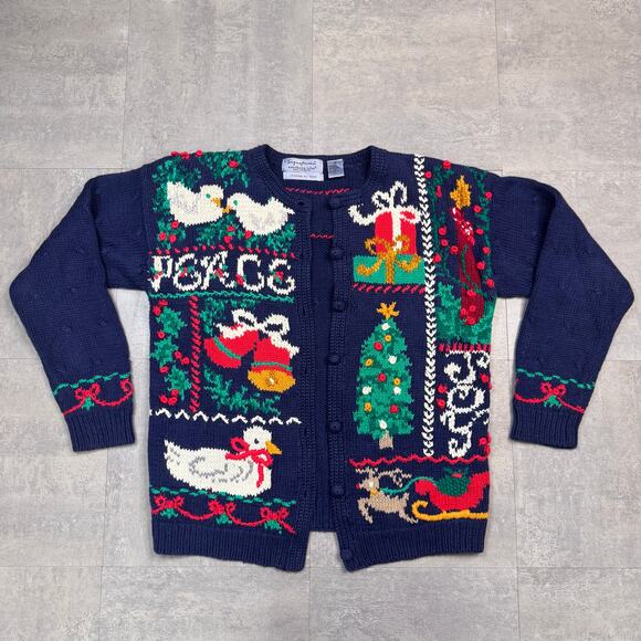 Vtg Signatures by Northern Isles Knitted by Hand Button Up Xmas Sweater WMSN M - Picture 1 of 9